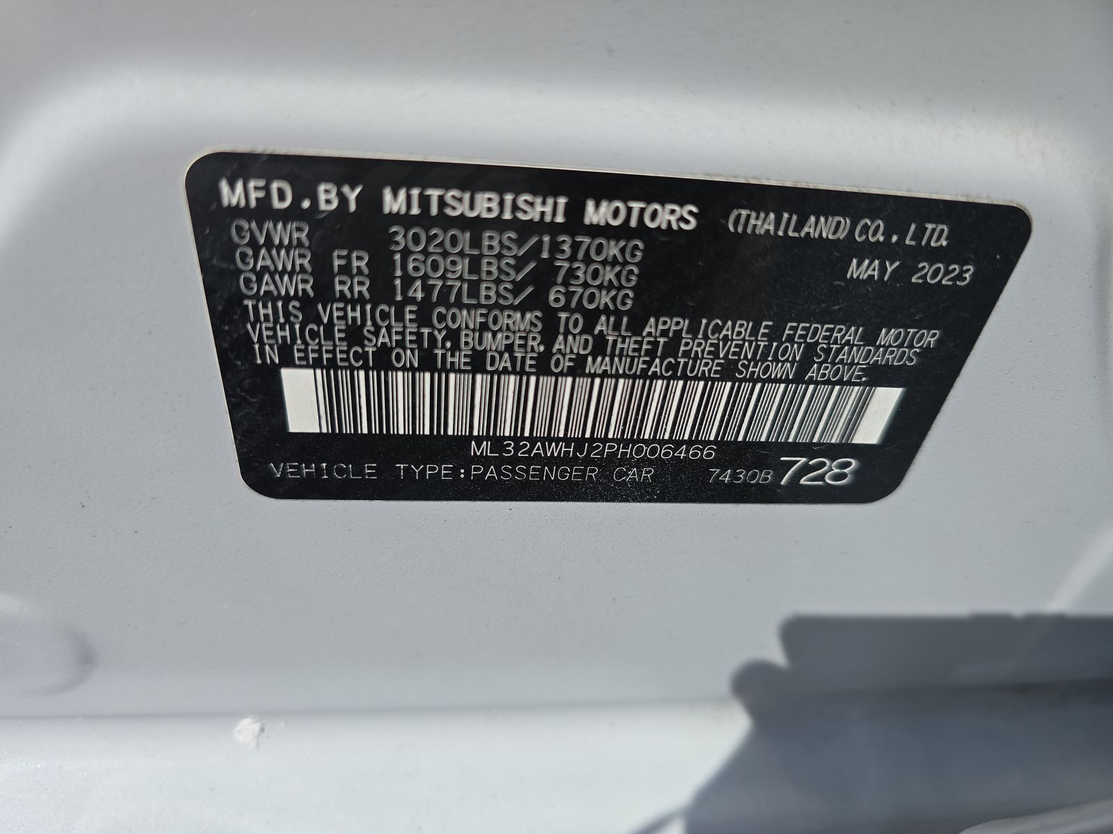 Vehicle - 20240925 2023 Mitsubishi Mirage ML32AWHJ2PH006466